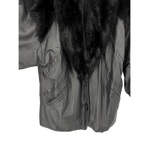 Vintage 80s J x Percy Marvin Richards Leather Coat Fur Collar Black Womens Large - Picture 11 of 16